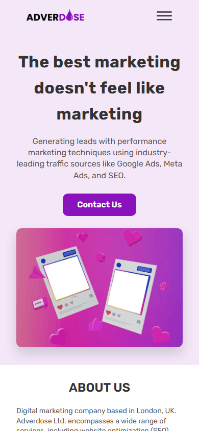 Mobilna snimka zaslona marketinške web-stranice Adverdose
